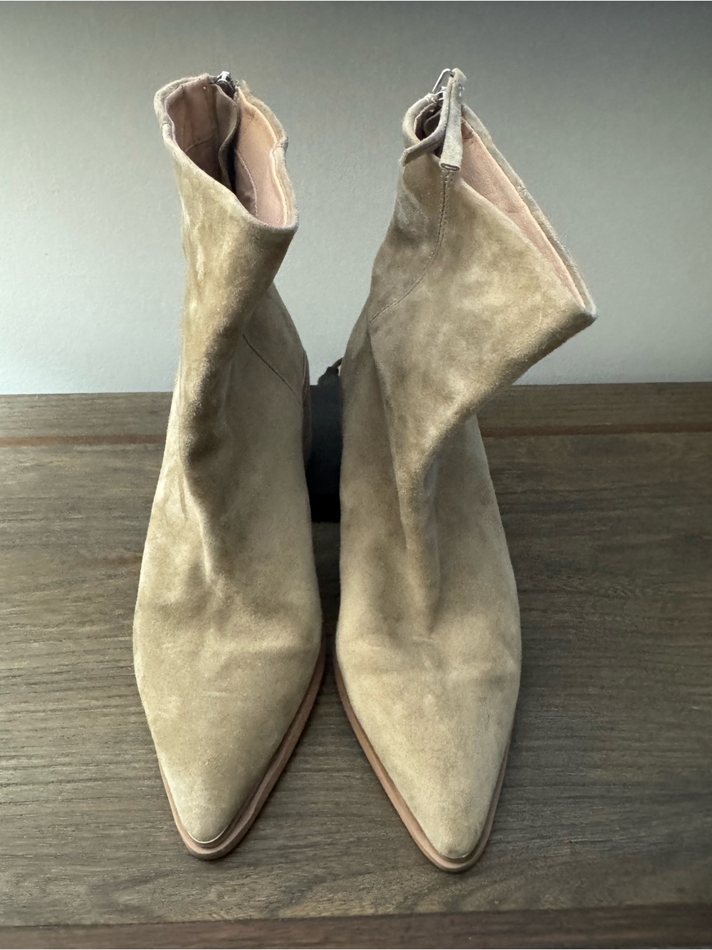 Steve Madden Women’s Suede Pointed-Toe Ankle Boots in Taupe